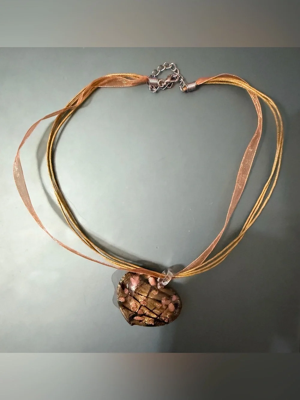 Gold Pink Murano Style Art Glass Pendant Necklace Multi Cord Ribbon Choker